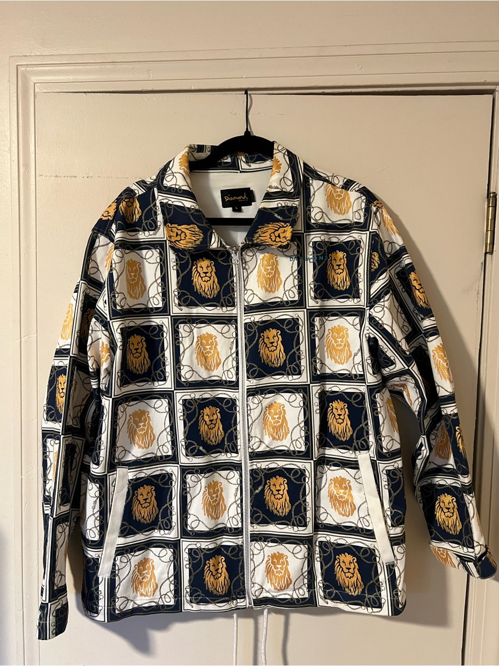 Diamond Supply Co. White, Navy & Gold Lion-Print Zip Jacket